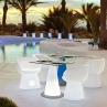 ITACA Blanc Lot meubles lumineux d'extérieur 1 table Itaca + 2 fauteuils Mallorca Ø60cm