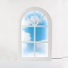 WINDOW LAMP Blanc et bleu clair Lampe de sol bois et acrylique arrondie H90cm